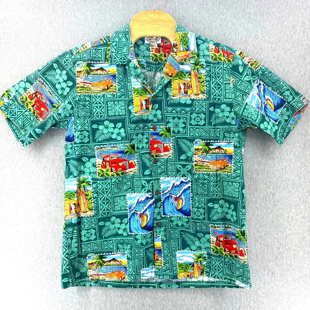 Pacific Legend Mens Tropical Hawaiian Shirt Mens XL Green‎ Surfing Classic Car